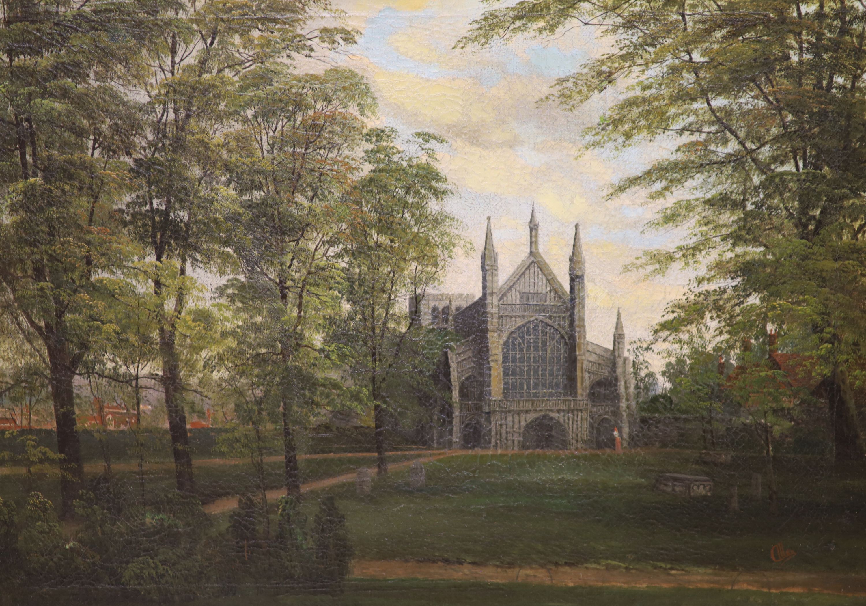 Allan (19th C.), oil on canvas, Church viewed through trees, signed, 40 x 55cm